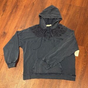 Lucky Brand Women's Embroidered Lace Up Hoodie Pullover Sweater